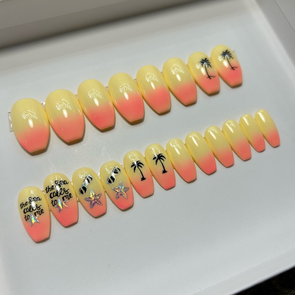 Hot Pink & Yellow Ombre Beach Press On Nails Short Coffin